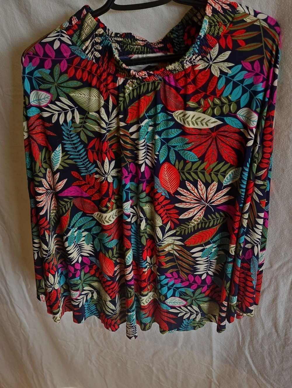 Women's Navy Floral Leaf Print Long Sleeve Top